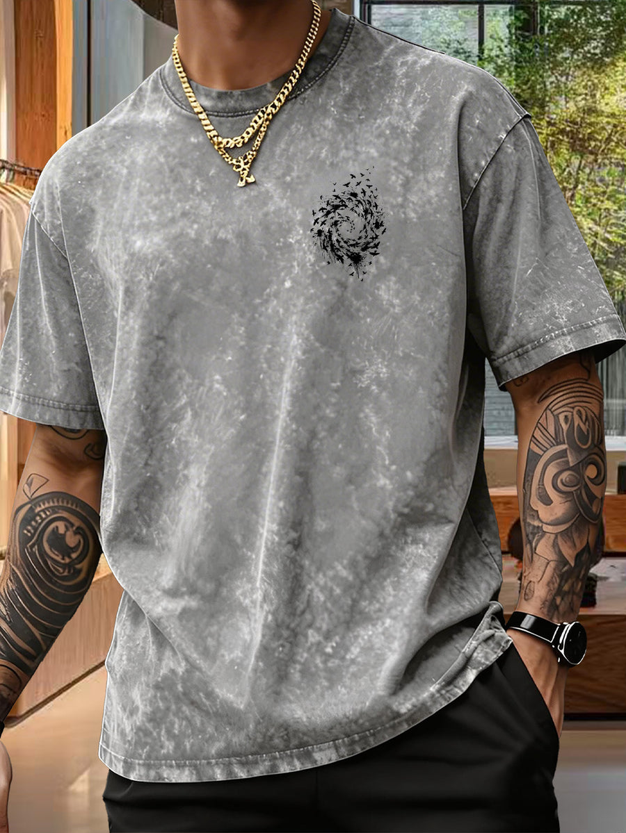 Men's Pure Short-Sleeve Top with Trendy Double-Sided Print of Flocks of Birds and Spiral Ink Splatter Design, 12 Colors for Mix-and-Match, Washed Distressed Loose Fit, National Trend Y2K Style for Commuting, Daily Outings, Sports - Grey