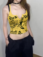 Women'S Summer Punk Print Crop Top with Stretchy Fabric, Perfect for Layering Or Wearing Alone - Yellow