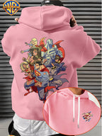 Warner Bros. DC Superhero Group Pose Multi-Character Collaboration Hot-Blooded Comic Style Cool Print Men's Fashion Hooded Sweatshirt, Sleeve Print Design, Kangaroo Pocket, Drawstring Hood, Suitable for Daily Wear and Outdoor Sports, an Excellent - Pink Color