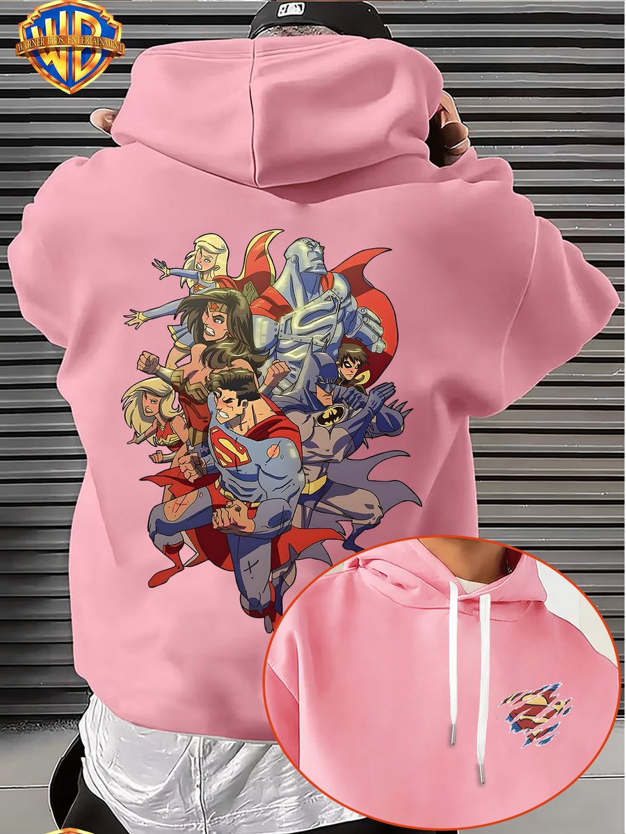 Warner Bros. DC Superhero Group Pose Multi-Character Collaboration Hot-Blooded Comic Style Cool Print Men's Fashion Hooded Sweatshirt, Sleeve Print Design, Kangaroo Pocket, Drawstring Hood, Suitable for Daily Wear and Outdoor Sports, an Excellent - Pink Color