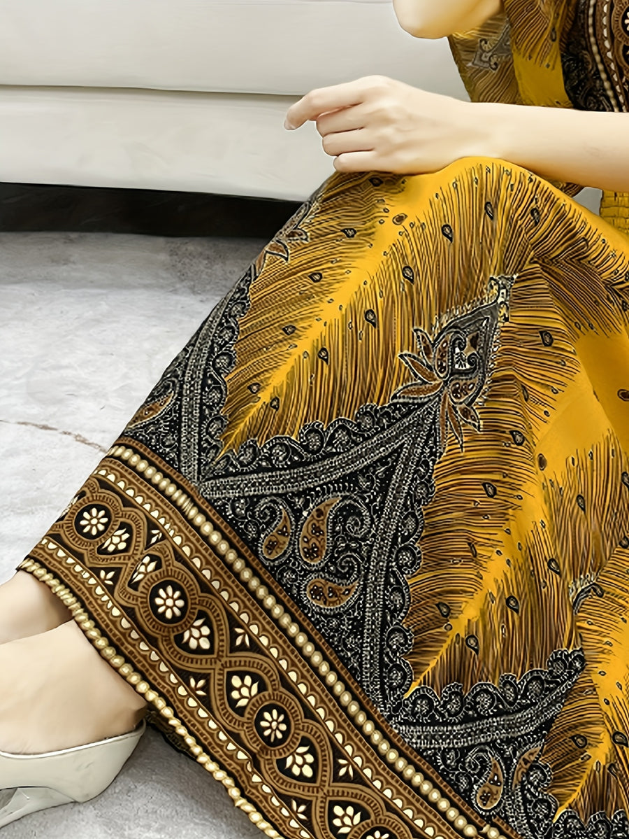 Summer Bohemian Women's Dress, Thin Beach Vacation Dress, 4 Colors Available, High Waist V-Neck Maxi Dress with Batwing Sleeves - Loose, Comfortable, and Breathable - Yellow