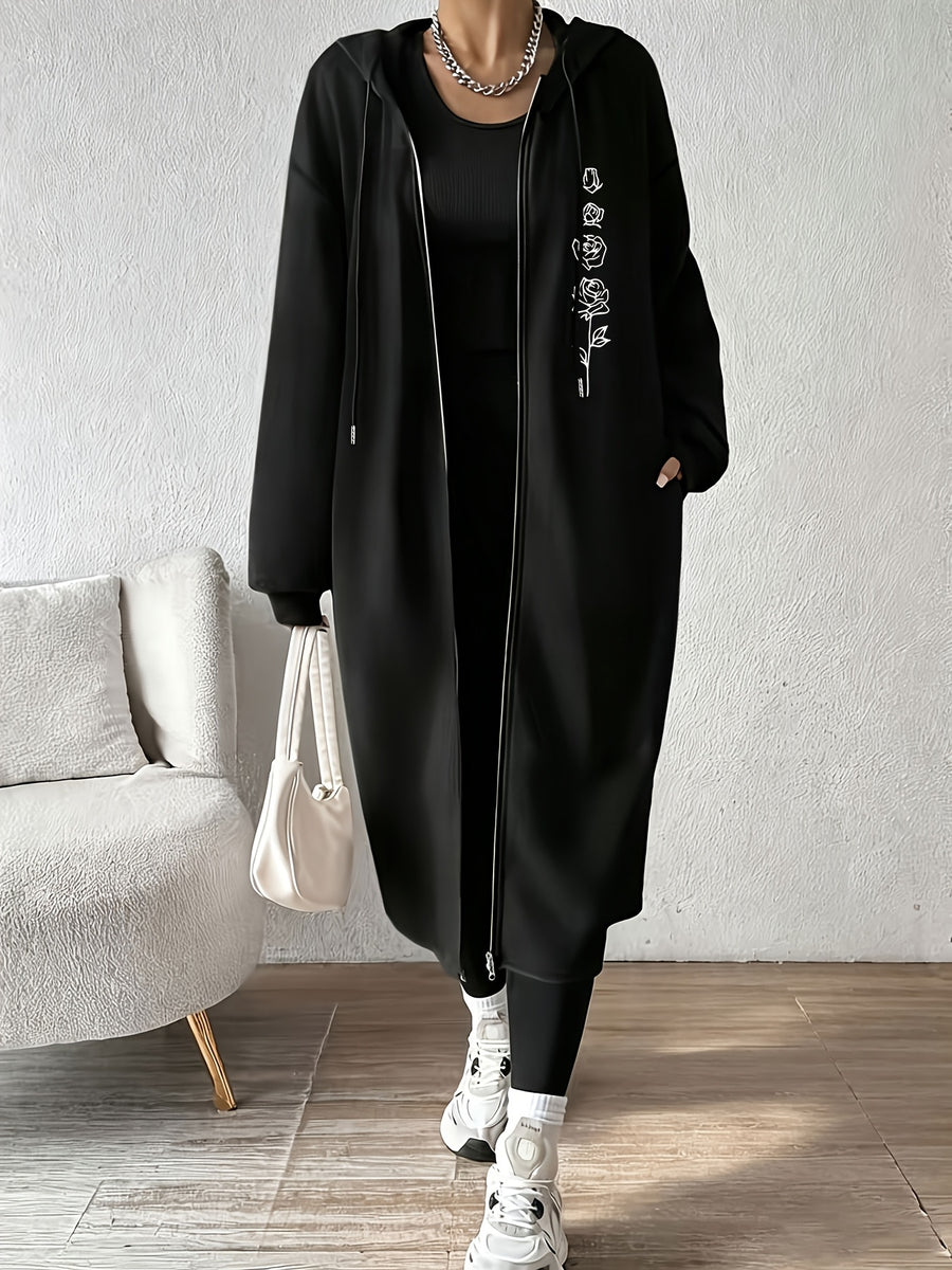 Women'S Fashion Color-Block Jacket Zipper Coat, Valentine'S Day Rose Pattern Print - Black
