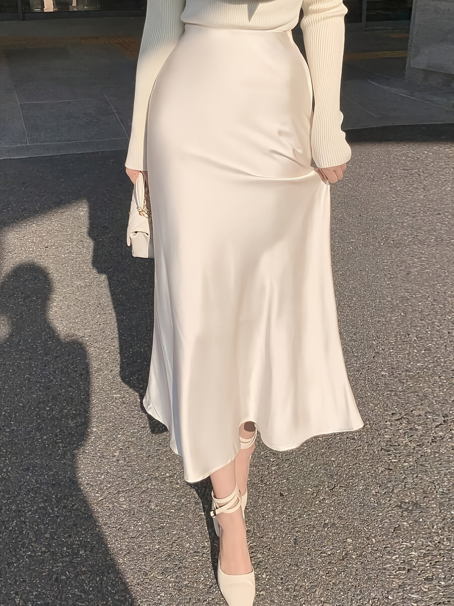 Spring/Summer Women's Slim-Fit Solid Color Satin Mermaid Skirt - White