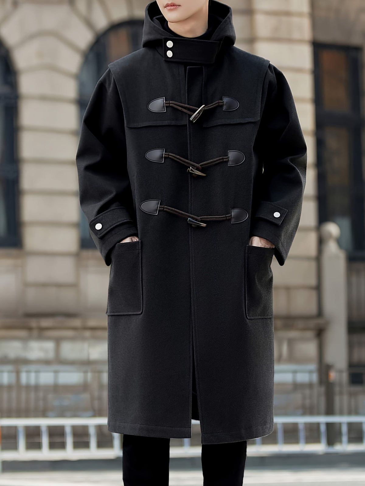 New Autumn Winter Men'S Mid-Length Horn-Button Trench Coat Men'S Solid Color Blend Hooded Overcoat - Black