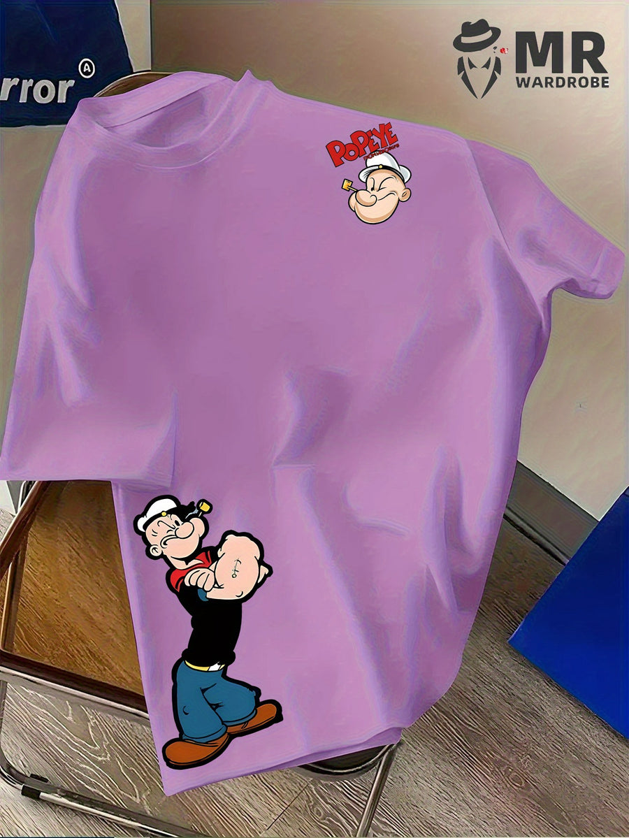 Men's Popeye the Sailorman Retro Graphic Short Sleeve T-Shirt - Vintage Cartoon Print, Breathable Knit Fabric, Regular Fit Round Neck Casual Summer Tee for Casual Attire, Machine Washable Top, Soft Texture Shirt - Violet