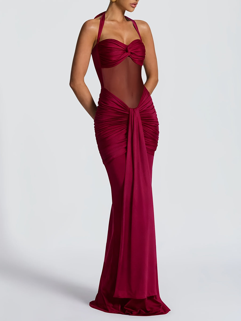 Women'S Sexy Bandeau Halter Mesh Patchwork Long Dress, Fashionable Elegant Semi-Sheer Ruched Evening Gown for Prom Parties - Burgundy