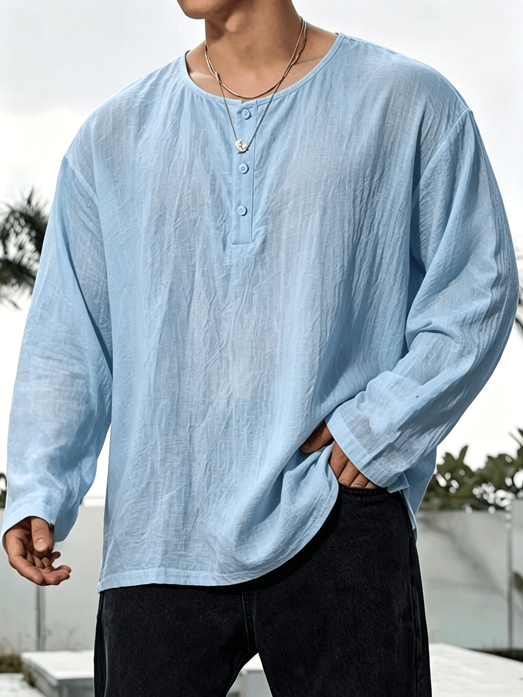 2pcs Men'S Linen Henley Shirt Set, Short Sleeve And Long Sleeve 2pcs Combination, Loose Breathable Vacation Style Casual Top - Sky Blue