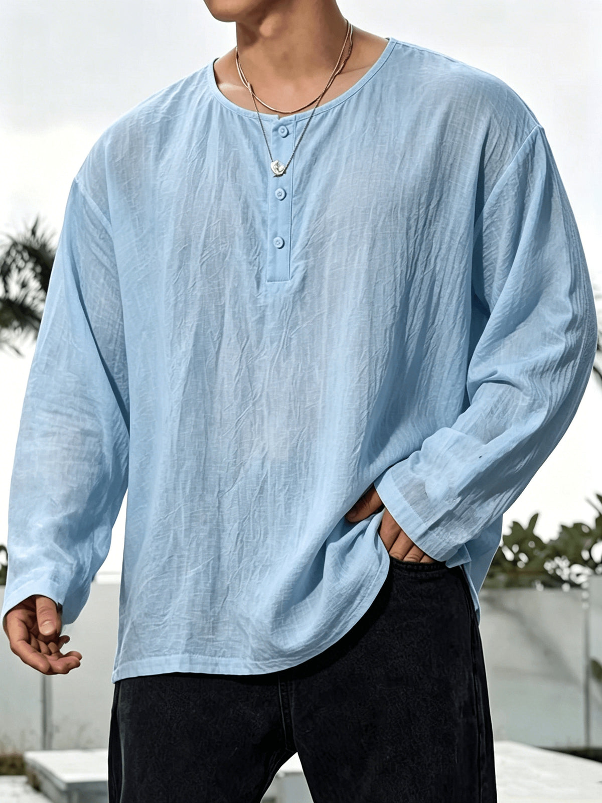 2pcs Men'S Linen Henley Shirt Set, Short Sleeve And Long Sleeve 2pcs Combination, Loose Breathable Vacation Style Casual Top - Sky Blue