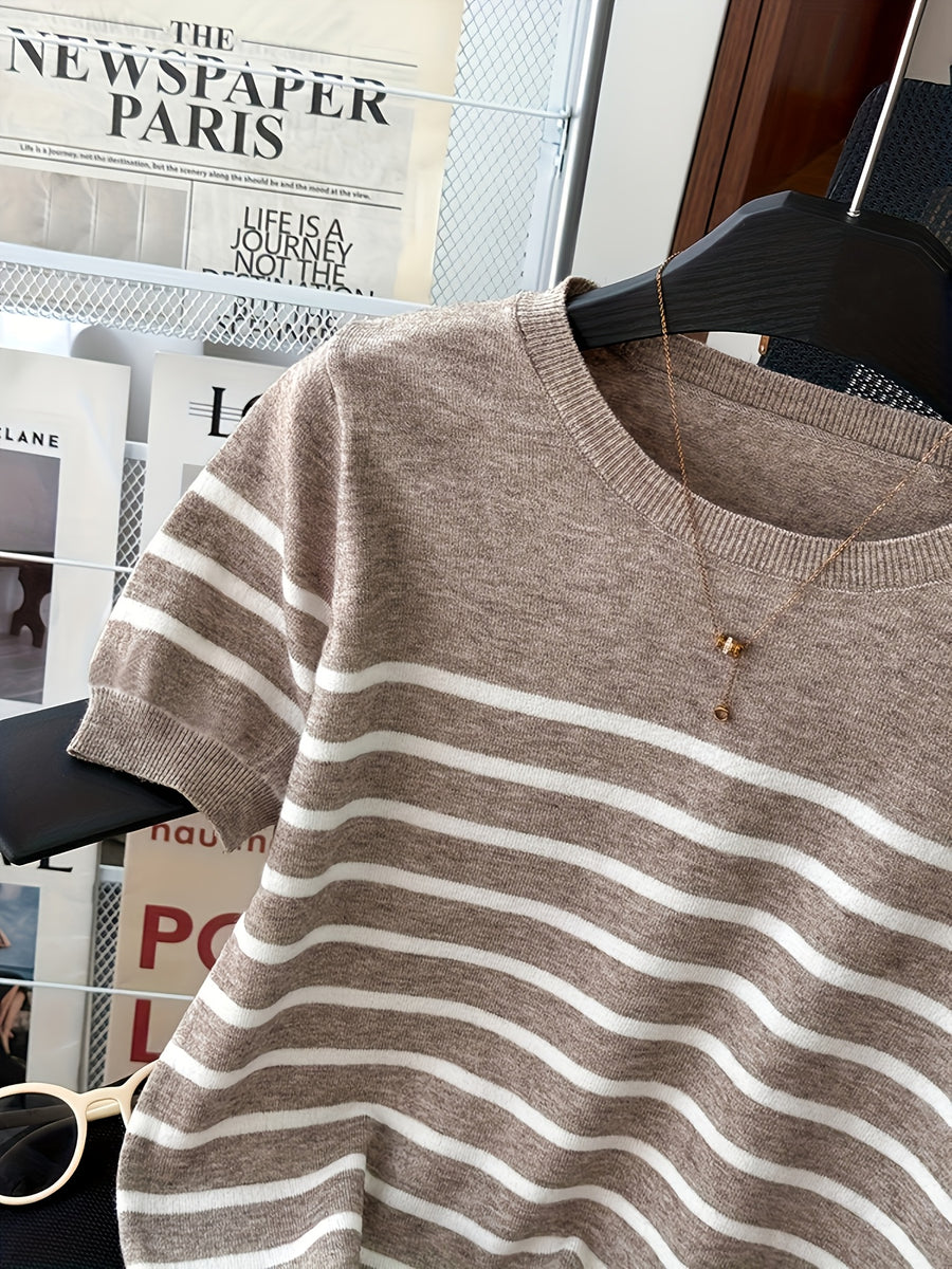 2026 New Women'S Summer Clothing Striped Short-Sleeved Top - Elegant Round Neck Color Block Design, Breathable Spring/Summer Casual/Formal Wear, Versatile Slim Fit T-Shirt, Everyday Fashion - Elegant Camel
