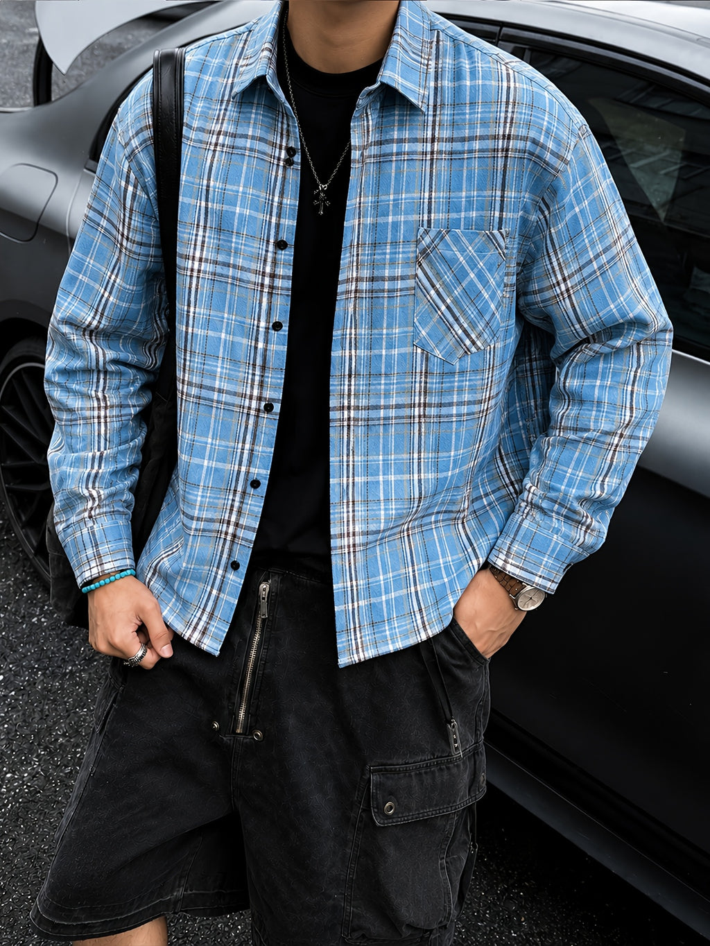 Men'S Vintage Plaid Long Sleeve Shirt, Loose Casual Button-Up Jacket Style Overshirt, Japanese Trendy Brand Lapel Checkered Shirt, Suitable for Outdoor Daily Wear in Spring, Autumn, And Winter - Sky Blue