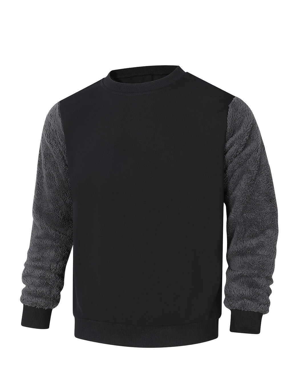 Men's Autumn and Winter Round Neck Plush Sweatshirt, Using Fashionable Color Block Patchwork Pattern and Pure Color Design Sweatshirt. The Anti-wrinkle Soft Knitted Material Is Very Practical. Suitable for Students' Daily Wear on Campus. - Black