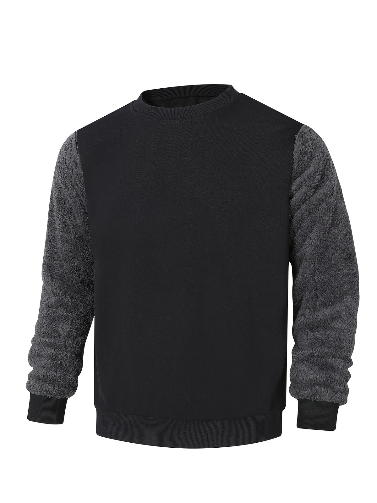 Men's Autumn and Winter Round Neck Plush Sweatshirt, Using Fashionable Color Block Patchwork Pattern and Pure Color Design Sweatshirt. The Anti-wrinkle Soft Knitted Material Is Very Practical. Suitable for Students' Daily Wear on Campus. - Black
