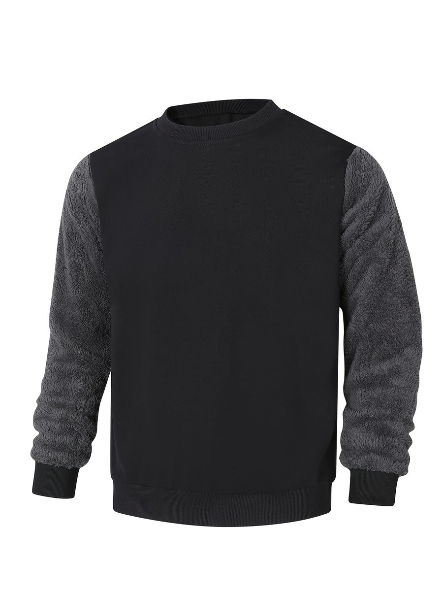 Men's Autumn and Winter Round Neck Plush Sweatshirt, Using Fashionable Color Block Patchwork Pattern and Pure Color Design Sweatshirt. The Anti-wrinkle Soft Knitted Material Is Very Practical. Suitable for Students' Daily Wear on Campus. - Black