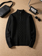 Men's Black Heavyweight Knitted Half-Zip Sweater with All-Over Rhombus Cable Twist Texture, Half-Open Stand Collar, Zipper, and Ribbed Cuffs. Vintage Light Luxury Style for Autumn/Winter. Loose Drop-Shoulder Fit for Commuting, Business, and Daily - Black