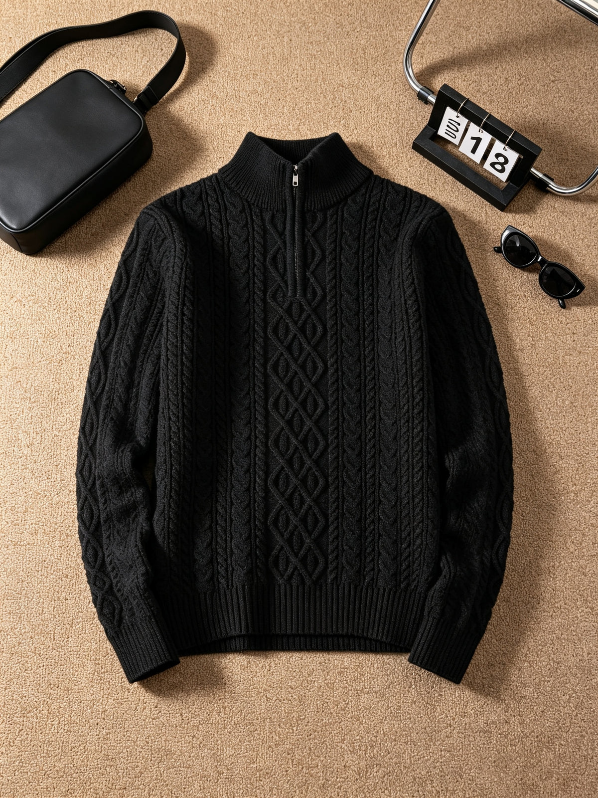 Men's Black Heavyweight Knitted Half-Zip Sweater with All-Over Rhombus Cable Twist Texture, Half-Open Stand Collar, Zipper, and Ribbed Cuffs. Vintage Light Luxury Style for Autumn/Winter. Loose Drop-Shoulder Fit for Commuting, Business, and Daily - Black