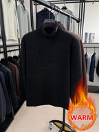 Lined Half-Turtleneck Sweater - Warm Winter Knit Sweater Suitable for City Casual, High Collar Ribbed Trim Pullover, Hand Washable Fall/Winter Sweater for Office to Weekend Wear (No Transparency) - Black