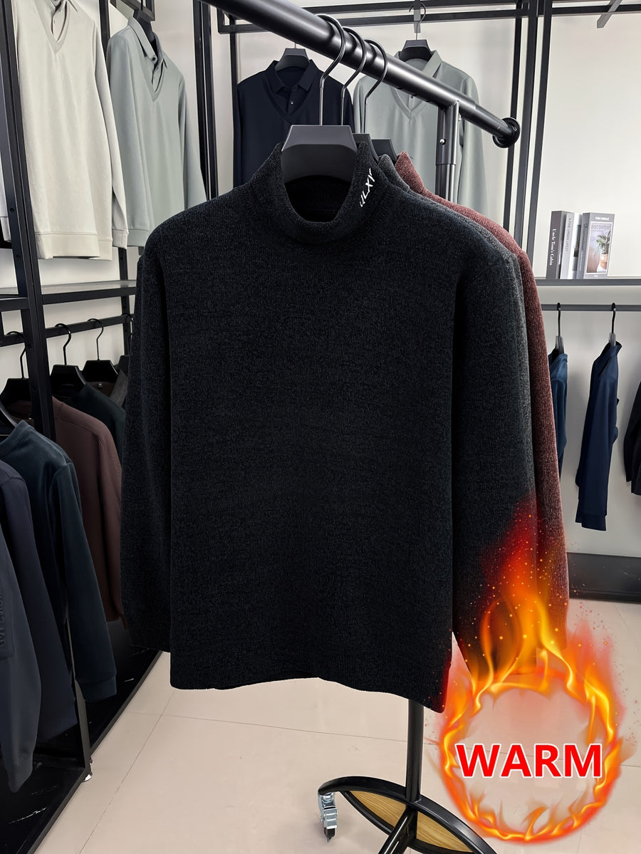 Lined Half-Turtleneck Sweater - Warm Winter Knit Sweater Suitable for City Casual, High Collar Ribbed Trim Pullover, Hand Washable Fall/Winter Sweater for Office to Weekend Wear (No Transparency) - Black