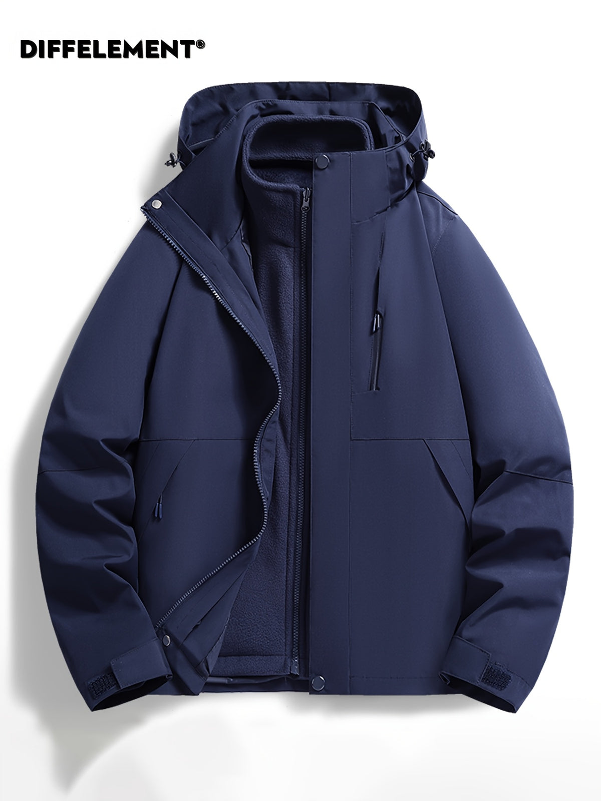 Men'S Solid Color 3-In-1 Detachable Windbreaker with Fleece Lining 2pcs Set, Wear-Resistant Woven Fabric, Zipper And Multi-Pockets, Hook-And-Loop Cuffs, Outdoor Hiking Commuting Fall Winter Windproof Warm Detachable Versatile Jacket - Blue