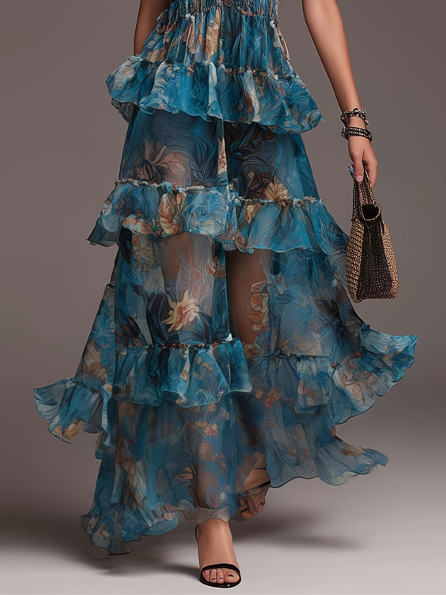 Bohemian Style Tiered Chiffon Floral Maxi Dress - Peacock Blue