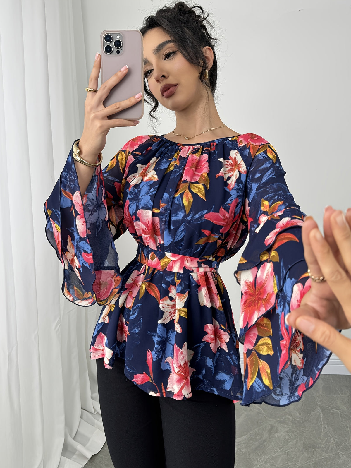 Women'S Summer Elegant Top, Chiffon Floral Print Layered Ruffle Sleeve, Waist Tie Festival Outfit, Holiday Vacation Wear Shirt - Multicolor