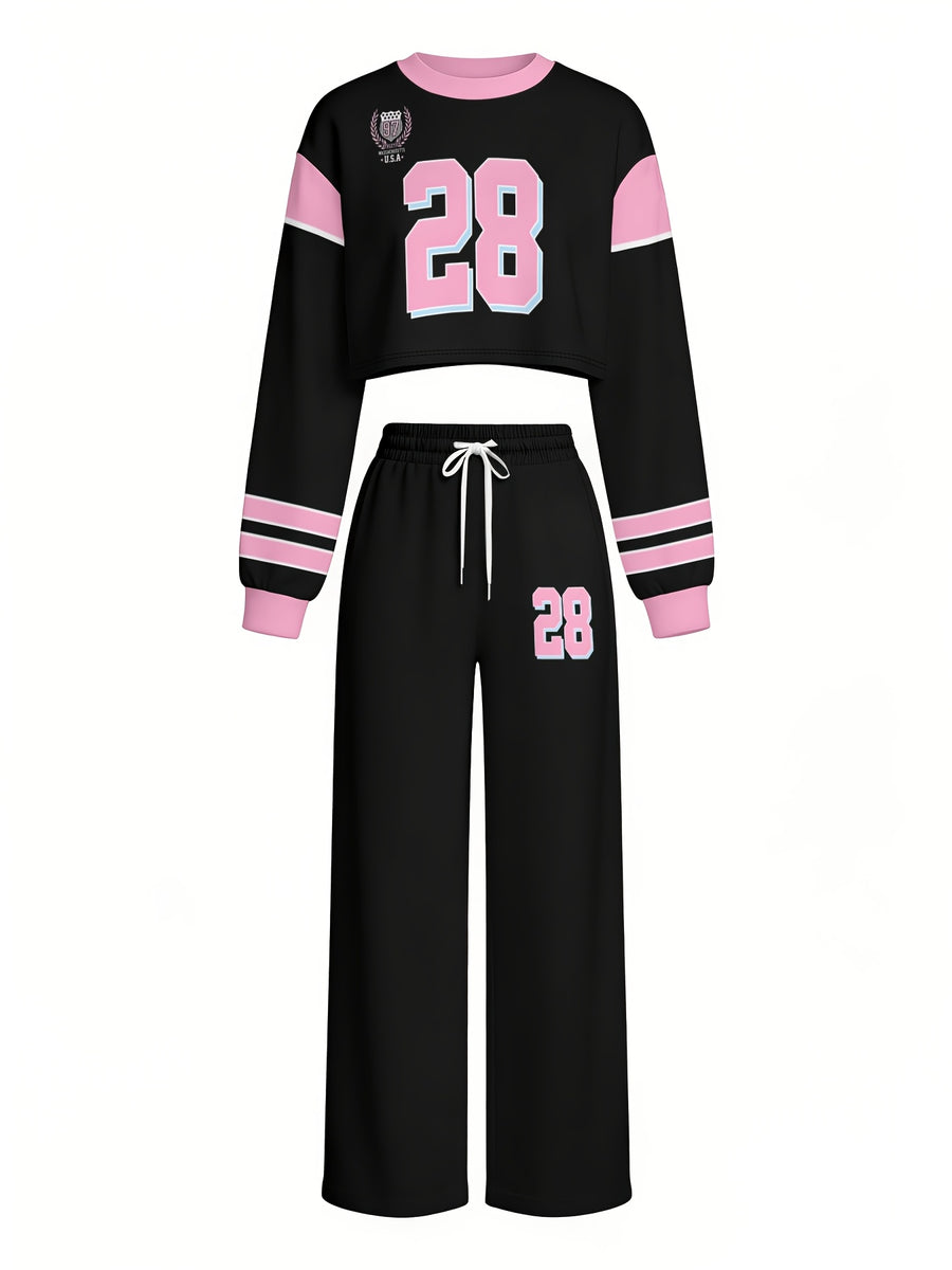 Drop-shoulder High-waist Sweatshirt and Wide-leg Pants 2pcs Digital Print Tracksuit Set - Mixed colors