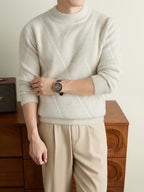 Men'S Olive Green Herringbone Knit Crew Neck Sweater, Textured Long Sleeve Pullover with Ribbed Trim, Old Money Fall Winter Top - Apricot