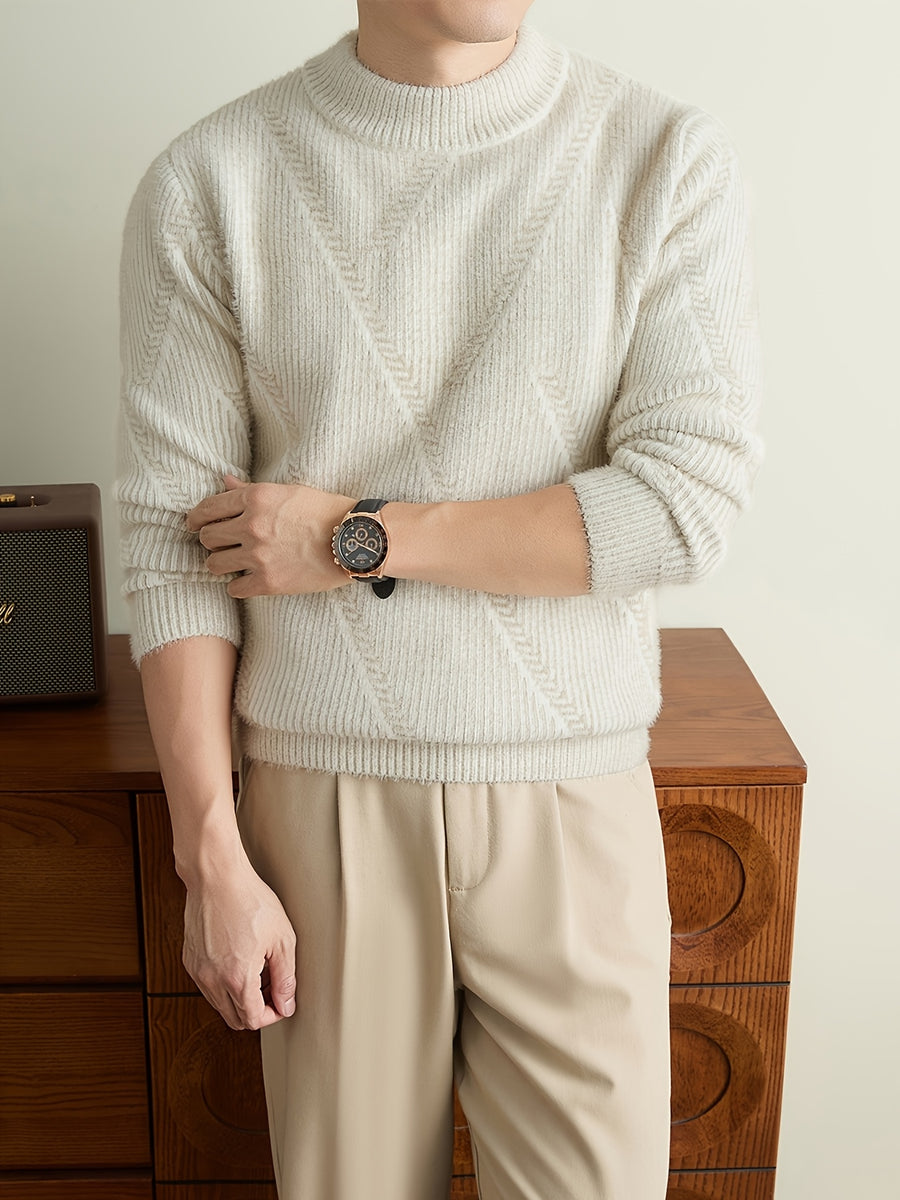 Men'S Olive Green Herringbone Knit Crew Neck Sweater, Textured Long Sleeve Pullover with Ribbed Trim, Old Money Fall Winter Top - Apricot