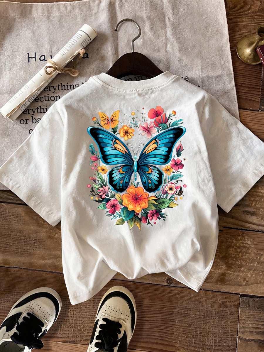 Butterfly with Flowers I Aesthetic Butterfly Print T-shirt, Short Sleeve Crew Neck Casual Top for Summer & Spring, Women's Clothing - White