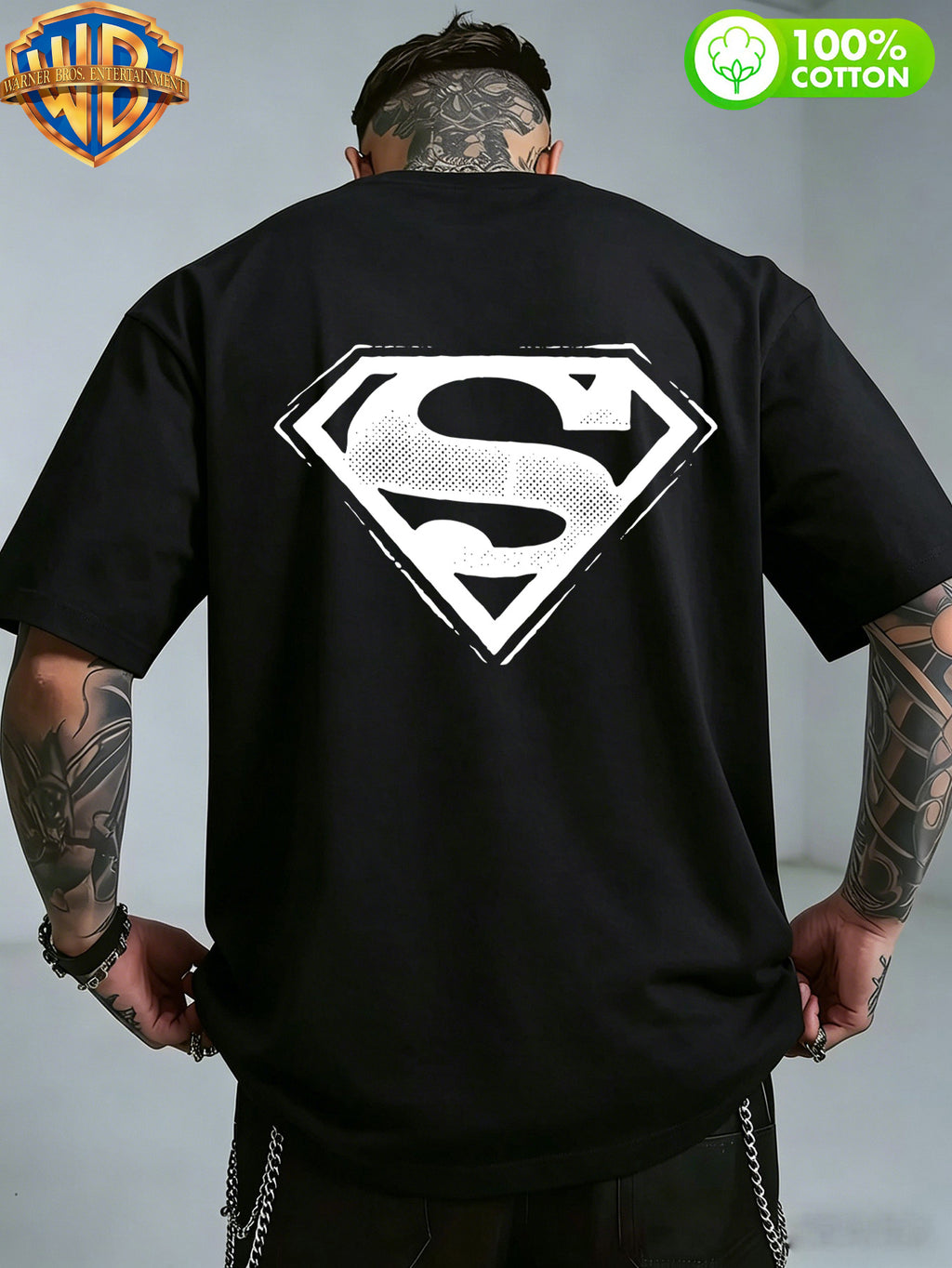 1pc WB Warner Bros. Official DC Superman Icon T-Shirt - Men's & Unisex Vintage Print, 100% Cotton Loose Fit Short Sleeve Tee with Superman, Casual Round Neck Shirt Suitable for Gym, Office, Daily Wear - Father's Day Gift for - Black