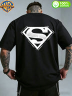 1pc WB Warner Bros. Official DC Superman Icon T-Shirt - Men's & Unisex Vintage Print, 100% Cotton Loose Fit Short Sleeve Tee with Superman, Casual Round Neck Shirt Suitable for Gym, Office, Daily Wear - Father's Day Gift for - Black
