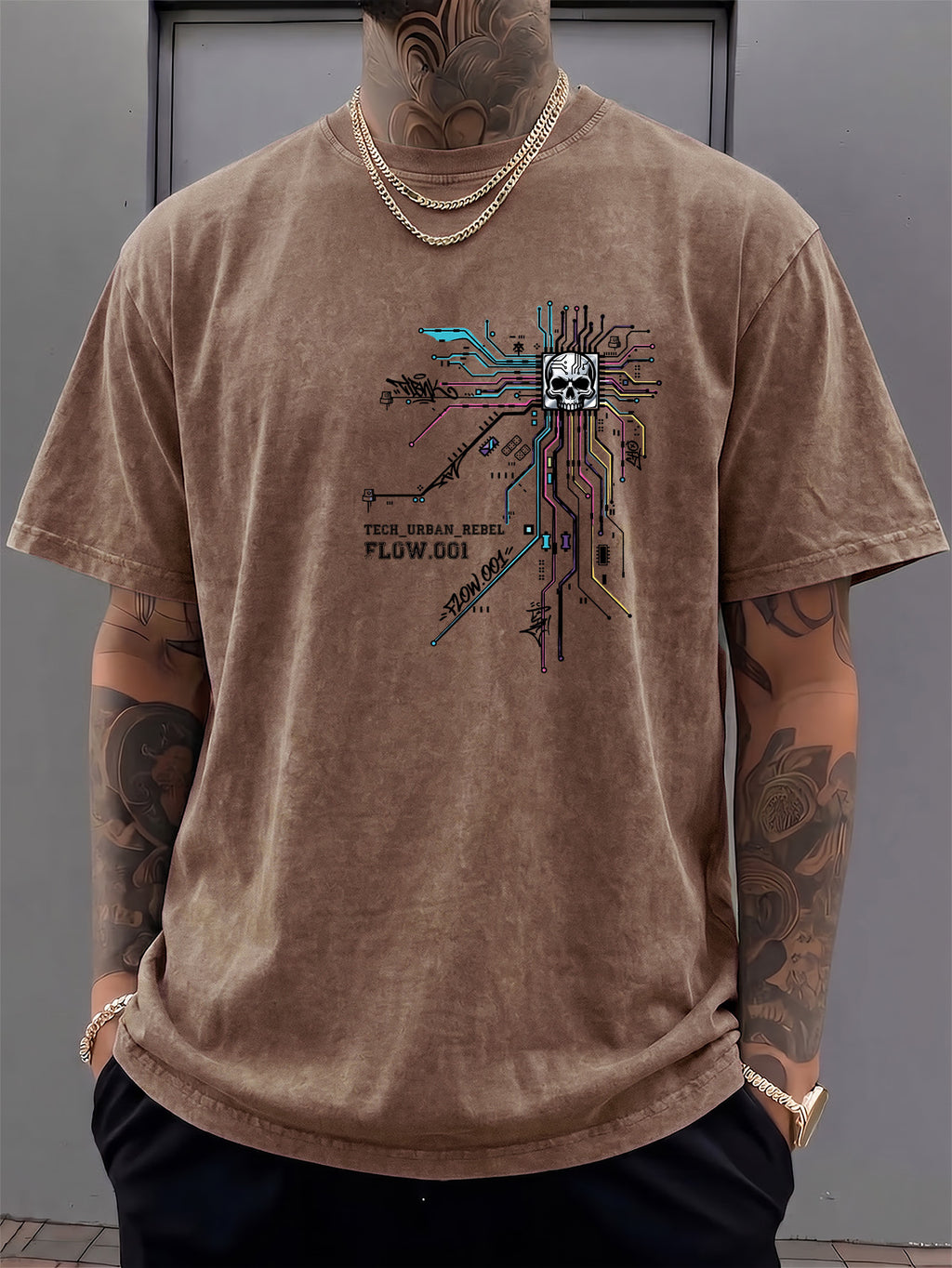 Men's Short-Sleeve T-Shirt, Pure Cotton, Loose Fit, Washed Distressed Circuit Board Skull Graffiti Print, Trendy Reversible Double-Sided Print, 12 Colors for  Mix & Match, American Streetwear High Street Hip-Hop Top, for Daily Outings - Brown
