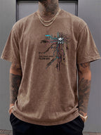 Men's Short-Sleeve T-Shirt, Pure Cotton, Loose Fit, Washed Distressed Circuit Board Skull Graffiti Print, Trendy Reversible Double-Sided Print, 12 Colors for  Mix & Match, American Streetwear High Street Hip-Hop Top, for Daily Outings - Brown