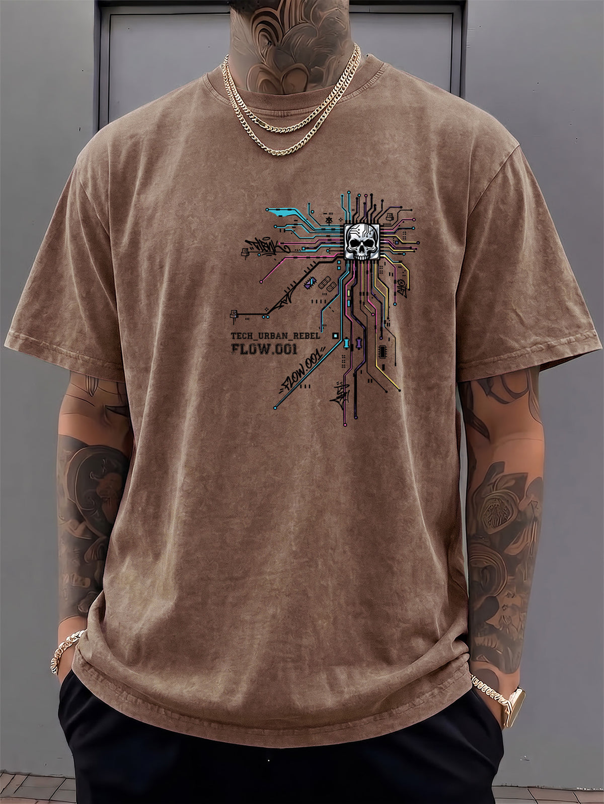 Men's Short-Sleeve T-Shirt, Pure Cotton, Loose Fit, Washed Distressed Circuit Board Skull Graffiti Print, Trendy Reversible Double-Sided Print, 12 Colors for  Mix & Match, American Streetwear High Street Hip-Hop Top, for Daily Outings - Brown