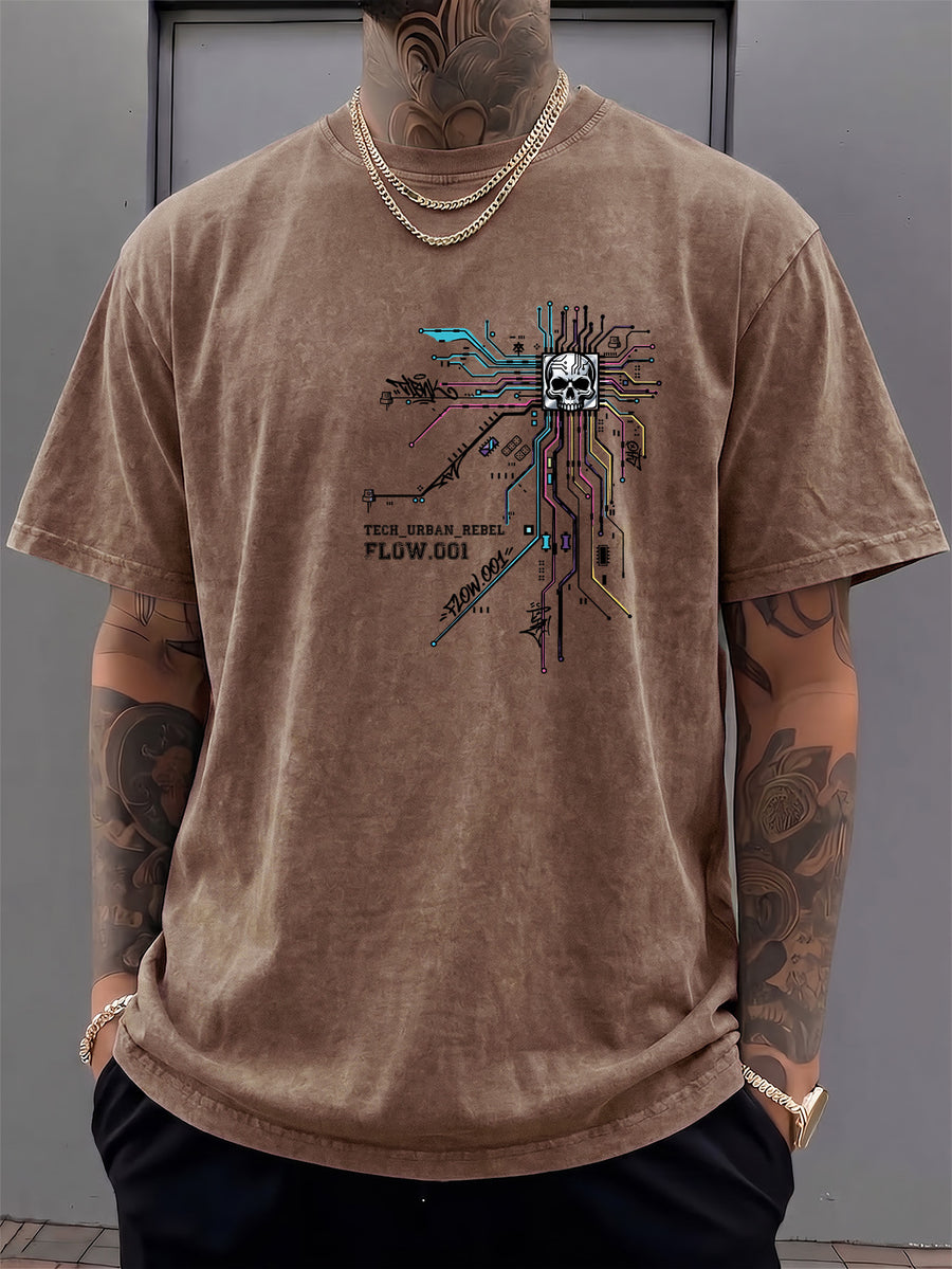 Men's Short-Sleeve T-Shirt, Pure Cotton, Loose Fit, Washed Distressed Circuit Board Skull Graffiti Print, Trendy Reversible Double-Sided Print, 12 Colors for  Mix & Match, American Streetwear High Street Hip-Hop Top, for Daily Outings - Brown