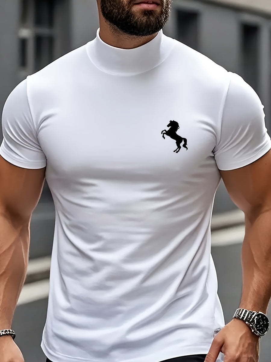 Fashionable and trendy Instagram-style minimalist creative solid color Men's short-sleeve turtleneck for sports, fitness, running, training, and casual wear - Short and Tall Horse
