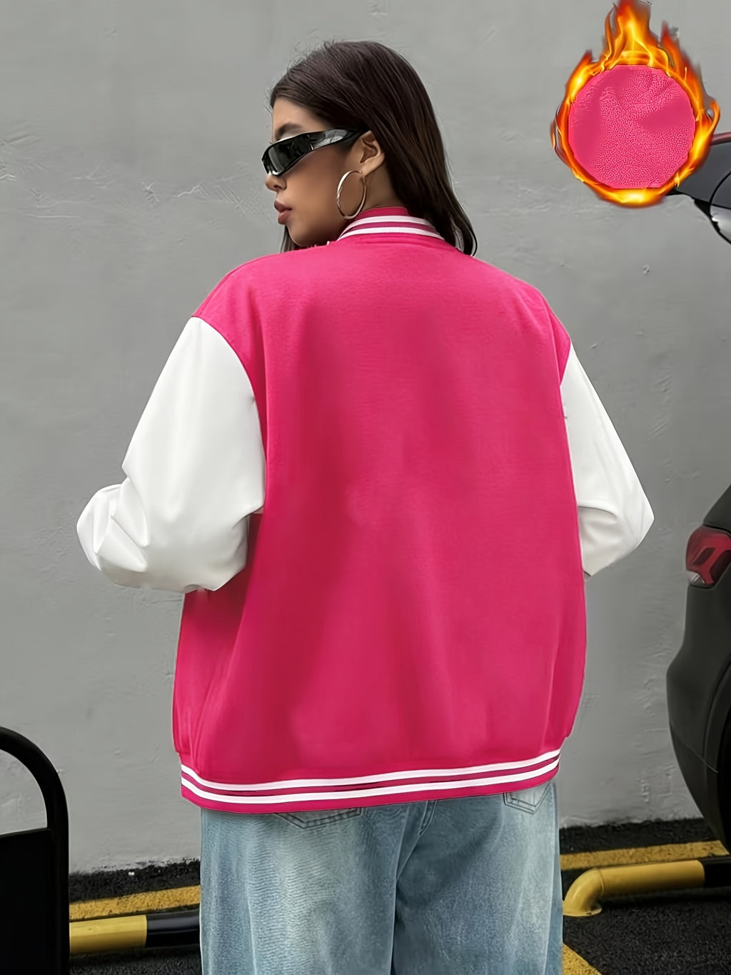 Women'S Baseball Jacket, Loose Casual Color-Blocked Coat, Letter Print Top For, Versatile Cardigan for Spring And Autumn in Korean Style - Rose Red