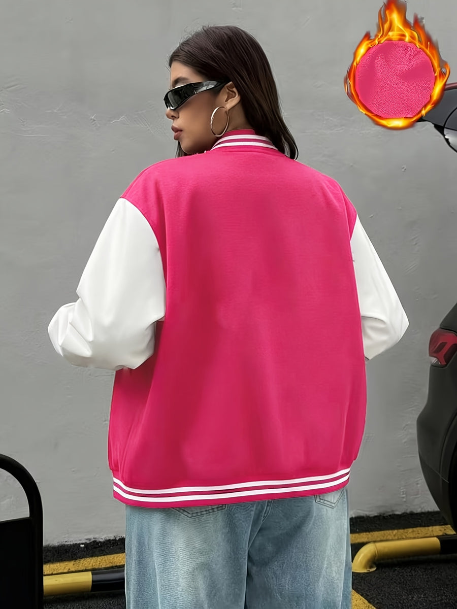 Women'S Baseball Jacket, Loose Casual Color-Blocked Coat, Letter Print Top For, Versatile Cardigan for Spring And Autumn in Korean Style - Rose Red