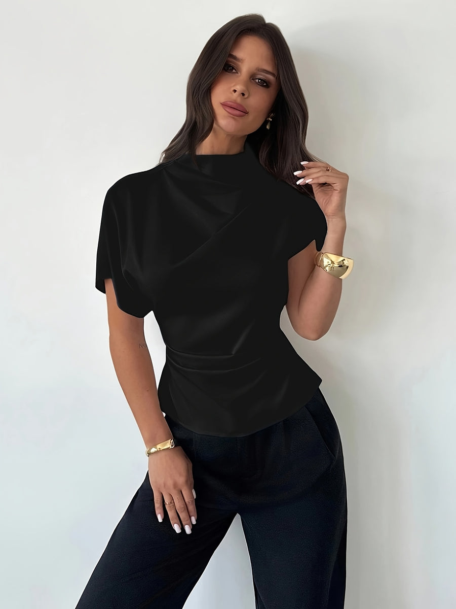 Asymmetrical Sleeve Side Ruched Waist Commuter Women'S Blouse, All-Season - Black