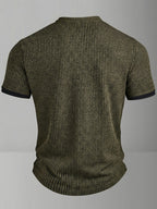 ROYALBOY Spring New Men's Casual Fashion Textured Two-Tone Striped Henley Shirt - Short Sleeve, Stand Collar, Suitable for Casual Outdoor Wear, Machine Washable, 100% Polyester Durable Wear-Resistant Fabric - Olive Green