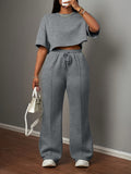 Women's Solid Color Casual Street Style Short Sleeve Crop Top and Drawstring Loose Pants swear Set - Dark Gray