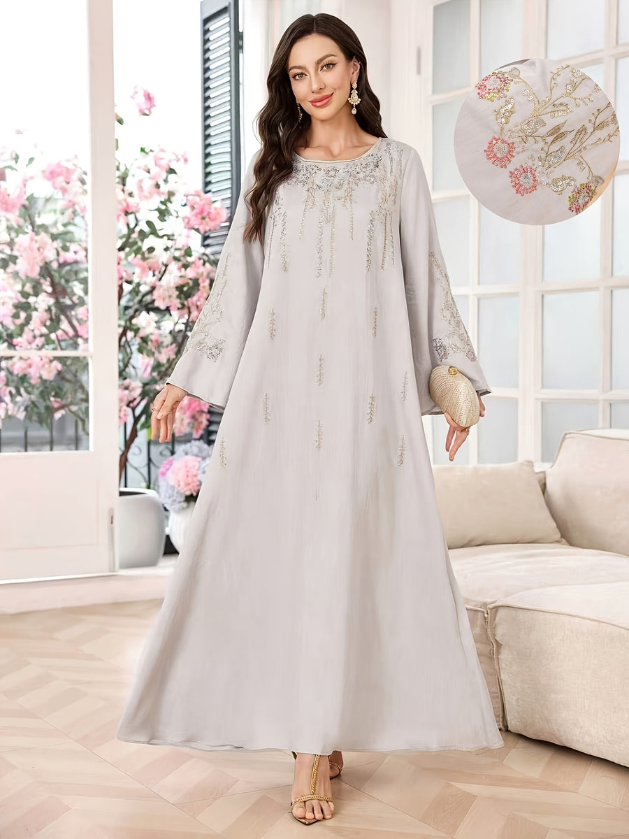 Al Najma Women ElegantEmbroidered Dress, MinimalistFashion Casual Daily Wear, Modest Kaftan - Light Grey