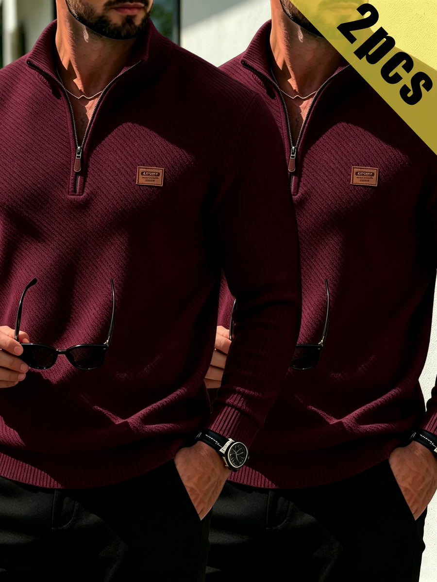 2pcs Men's Fashionable Versatile Top, Twill Texture Half-Zip Stand Collar Long-Sleeve Sweatshirt, Knitted Solid Color Long-Sleeve Casual Top for Daily Leisure, Sports & Fitness, Fashionable and Versatile. Soft, Comfortable, and Stylish Solid Color - Wine Red + Wine Red