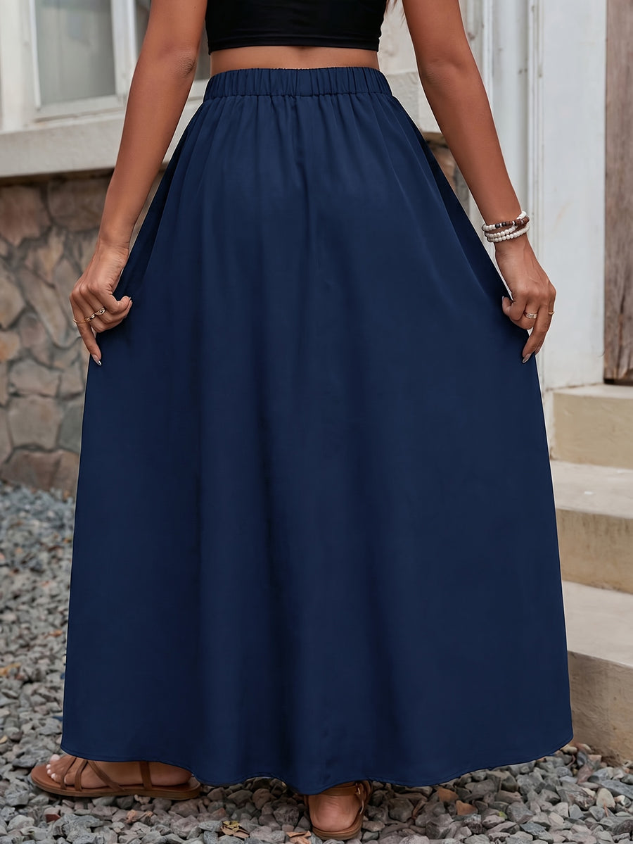 DJ260423739 Elegant Women's Solid Color Versatile Side Slit Loose Half Skirt - Blue