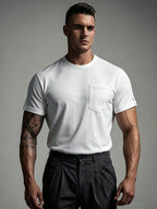 [Josh Mei OBM] Men'S Round Neck Pocket Ruffled Short Sleeve T-Shirt, Summer Slim Fit Solid Basic Top, Casual Urban Commuter Men'S Wear - White