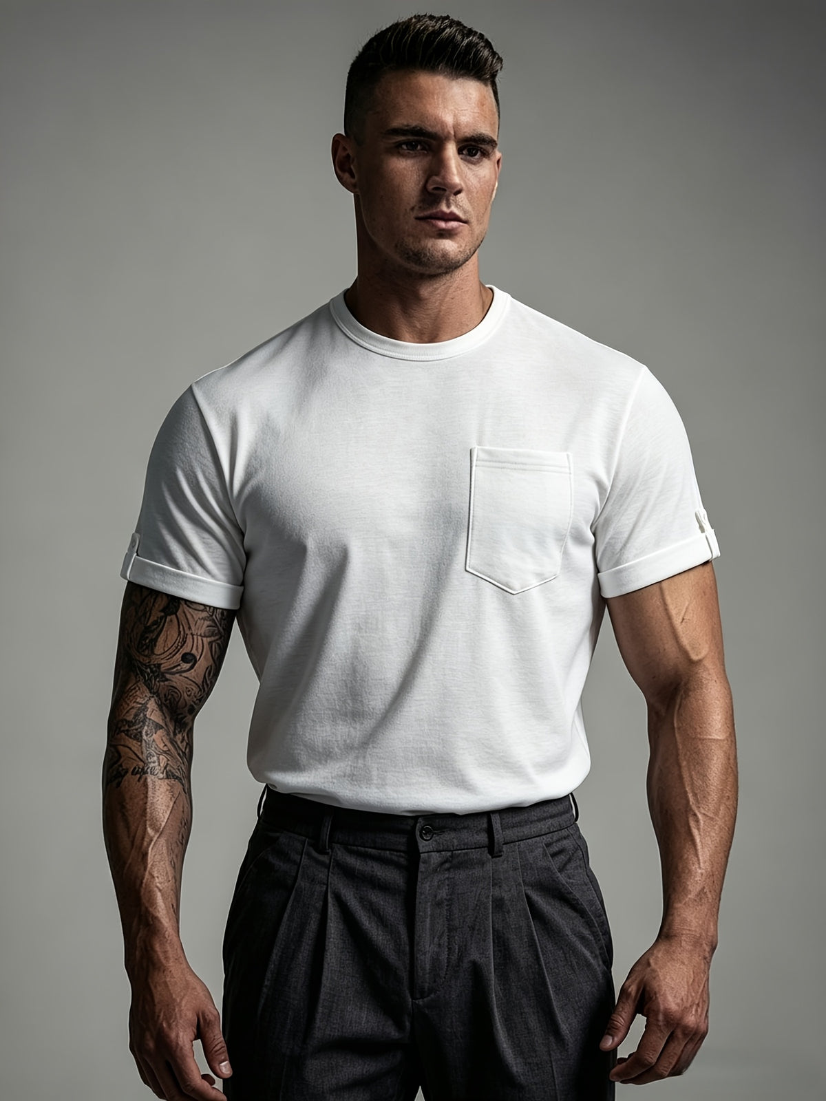 [Josh Mei OBM] Men'S Round Neck Pocket Ruffled Short Sleeve T-Shirt, Summer Slim Fit Solid Basic Top, Casual Urban Commuter Men'S Wear - White