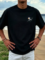 New Men's 100% Pure Cotton T-Shirt with Surfboard, Coconut Tree, and Sun Print, Comfortable and Breathable for Summer Casual Beach Vacations - Black