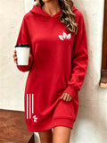 Long Printed Hooded Sweatshirt Dress Women'S Autumn Winter Thickened Fleece Top Women'S Versatile Loose Casual Long Sleeve Hoodie - Red