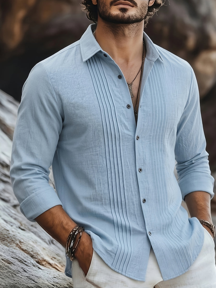 Men's Linen Guayabera Shirt with Lapel Collar & Button Front Panel - Accordion Pleat Chest Texture, Long Sleeve Button-Front Closure Suitable for Beach, Casual, -Casual Wear, Year-Round Versatile Formal & Everyday Button-Up Shirt - Light Blue