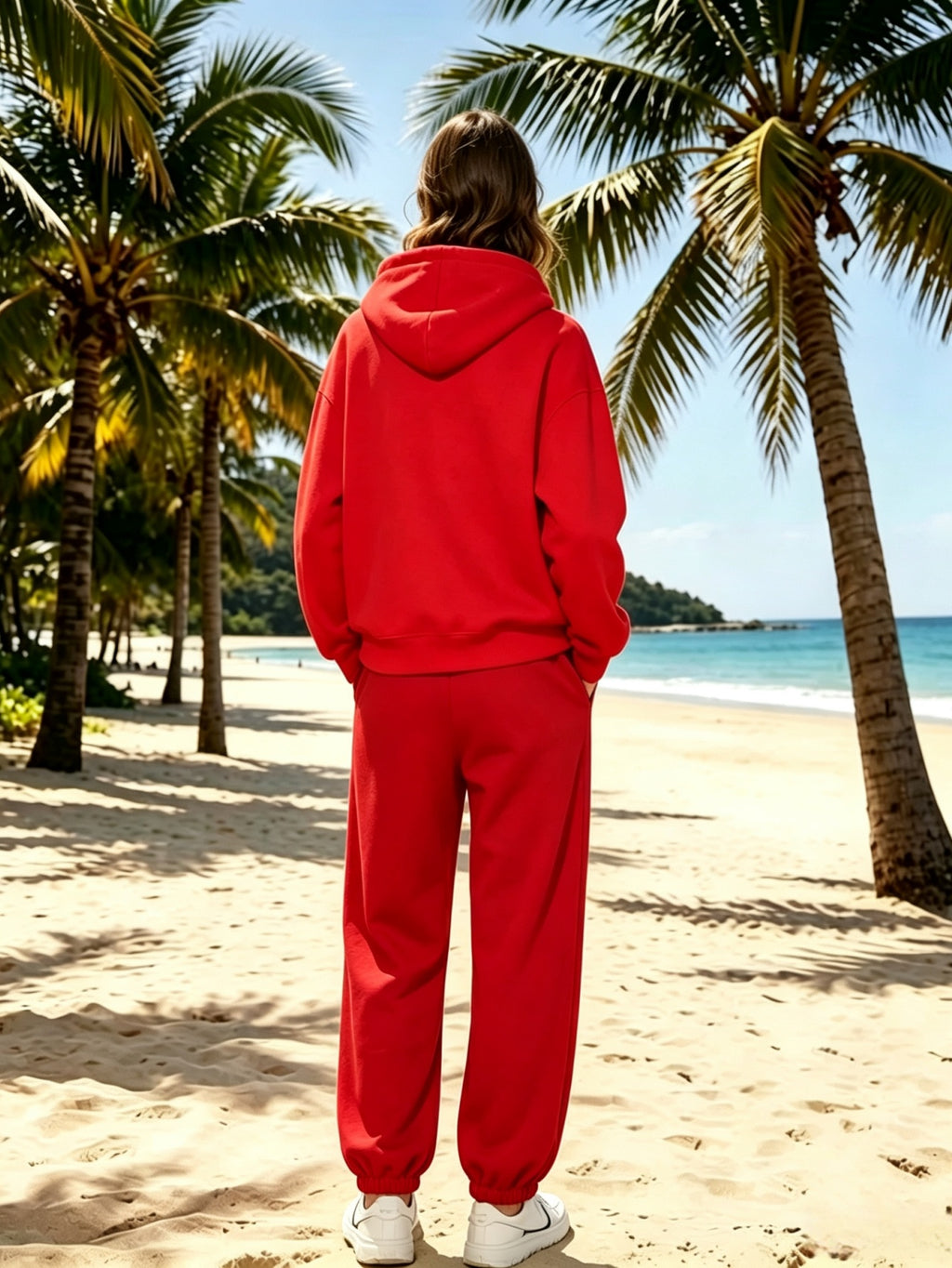 Lazy Style Loose Sweatshirt and Sweatpants Set, Long Sleeve Hooded Top and Jogger Pants, Daily Running Sportswear - Red sweatshirt + red sweatpants
