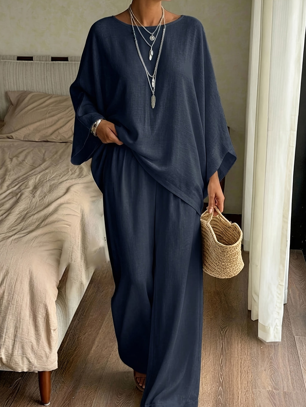 Casual Relaxed 100% Loose Coverage Two-Piece Set Lazy Solid Off-Shoulder Sleeve High-Waist Wide-Leg Pants Women'S Outfit - Deep Blue